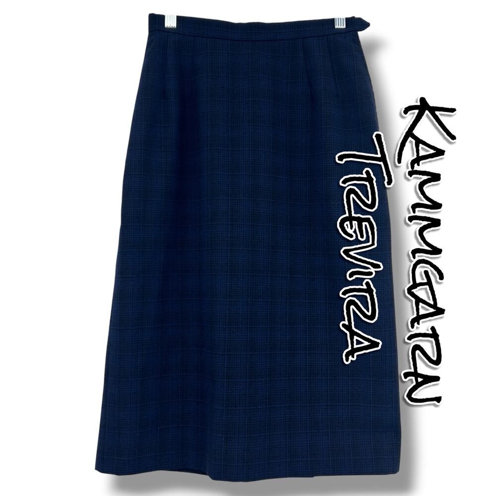 Vintage 60s 70s Kammgarn Trevira Wool Plaid Midi Skirt Blue German Mod Academia